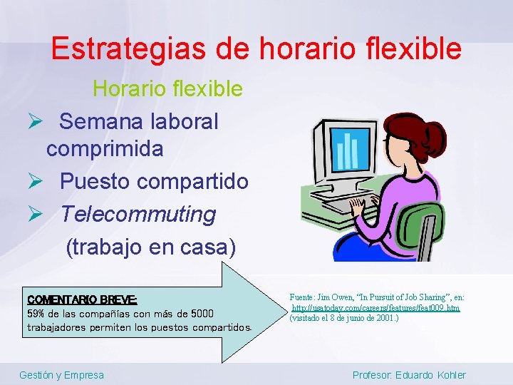 Estrategias de horario flexible Horario flexible Ø Semana laboral comprimida Ø Puesto compartido Ø