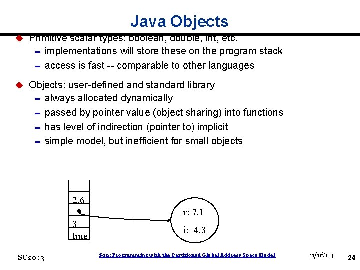 Java Objects u Primitive scalar types: boolean, double, int, etc. 0 implementations will store