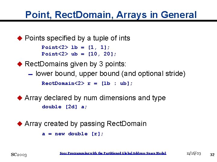 Point, Rect. Domain, Arrays in General u Points specified by a tuple of ints