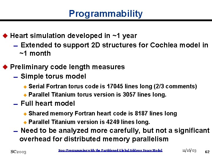 Programmability u Heart simulation developed in ~1 year 0 Extended to support 2 D