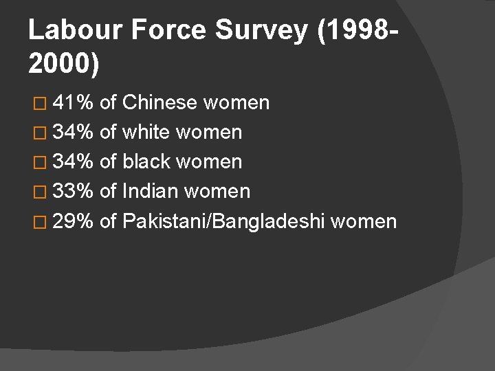 Labour Force Survey (19982000) � 41% of Chinese women � 34% of white women