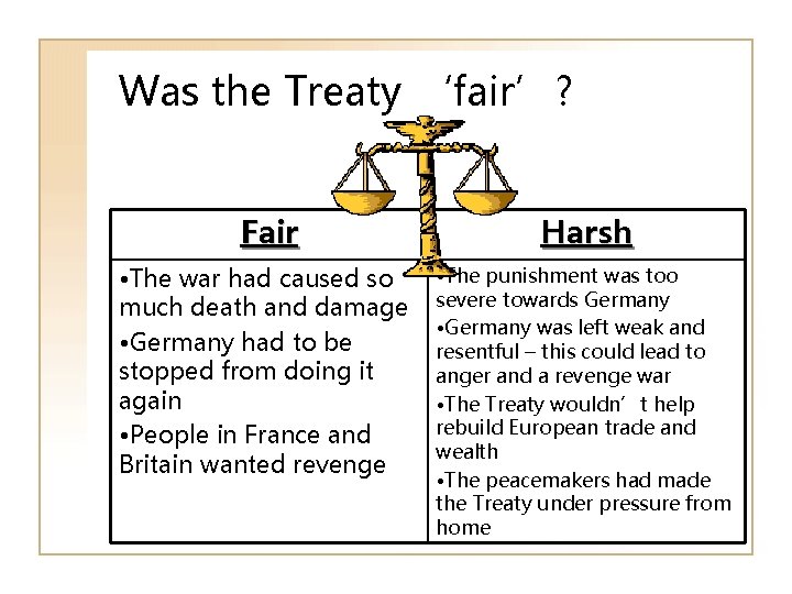Was the Treaty ‘fair’? Fair • The war had caused so much death and
