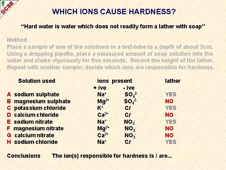 WHICH IONS CAUSE HARDNESS? “Hard water is water which does not readily form a