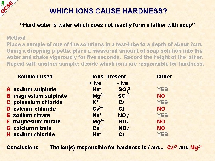 WHICH IONS CAUSE HARDNESS? “Hard water is water which does not readily form a