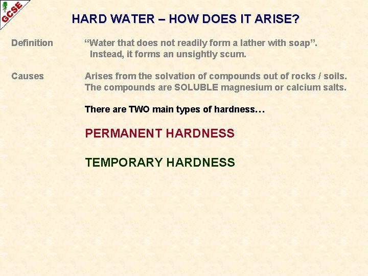 HARD WATER – HOW DOES IT ARISE? Definition “Water that does not readily form