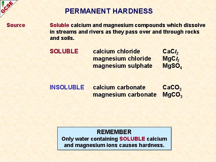 PERMANENT HARDNESS Source Soluble calcium and magnesium compounds which dissolve in streams and rivers