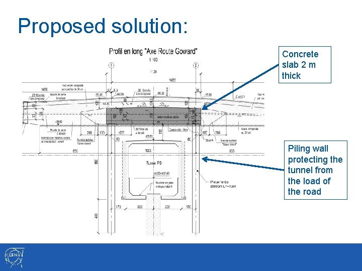 Proposed solution: Concrete slab 2 m thick Piling wall protecting the tunnel from the