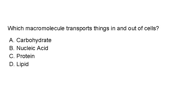 Which macromolecule transports things in and out of cells? A. Carbohydrate B. Nucleic Acid