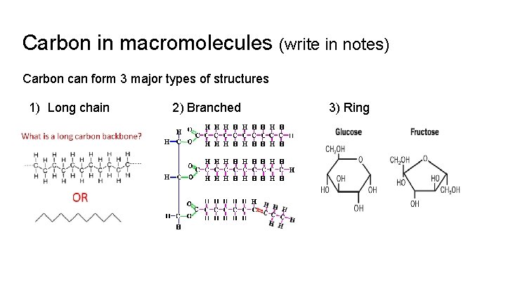 Carbon in macromolecules (write in notes) Carbon can form 3 major types of structures