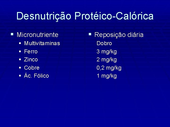 Desnutrição Protéico-Calórica § Micronutriente § § § Multivitaminas Ferro Zinco Cobre Ác. Fólico §