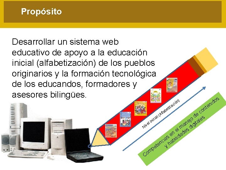 Propósito Desarrollar un sistema web educativo de apoyo a la educación inicial (alfabetización) de