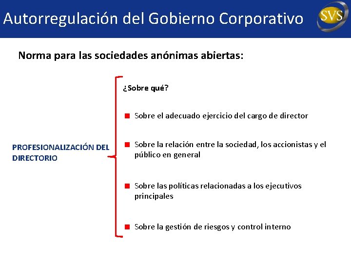 Autorregulación del Gobierno Corporativo Norma para las sociedades anónimas abiertas: ¿Sobre qué? Sobre el