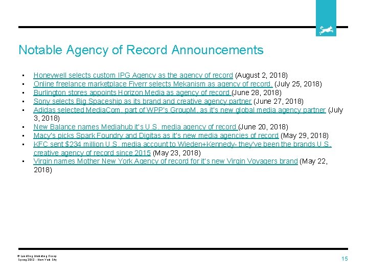 Notable Agency of Record Announcements • • • Honeywell selects custom IPG Agency as
