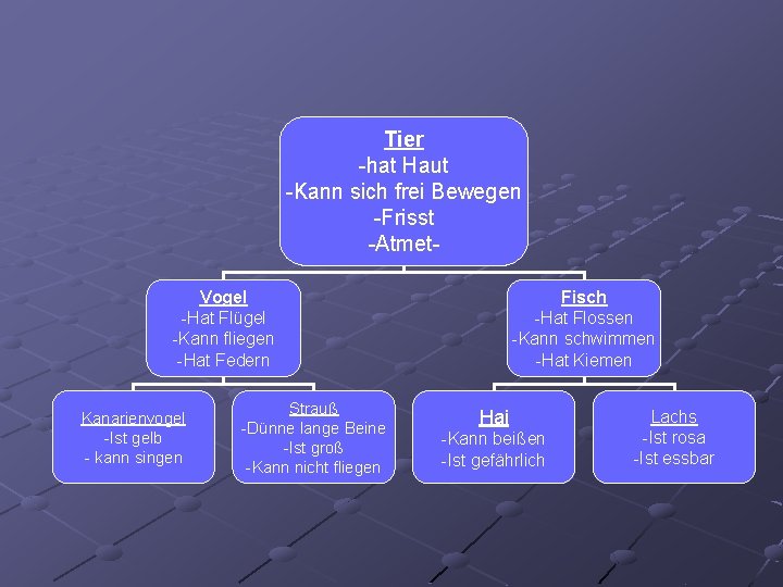 Tier -hat Haut -Kann sich frei Bewegen -Frisst -Atmet. Vogel -Hat Flügel -Kann fliegen