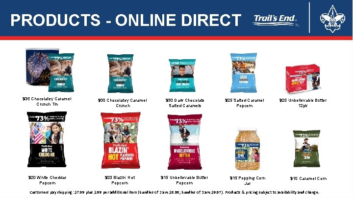 PRODUCTS - ONLINE DIRECT $35 Chocolatey Caramel Crunch Tin $20 White Cheddar Popcorn $30