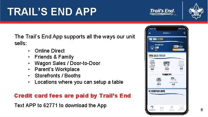 TRAIL’S END APP The Trail’s End App supports all the ways our unit sells: