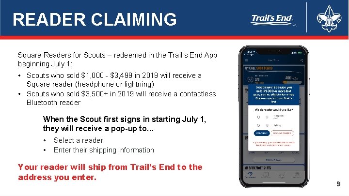 READER CLAIMING Square Readers for Scouts – redeemed in the Trail’s End App beginning