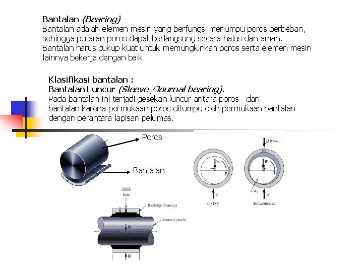 Bantalan (Bearing) Bantalan adalah elemen mesin yang berfungsi menumpu poros berbeban, sehingga putaran poros