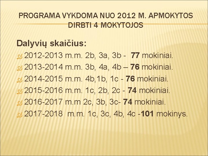 PROGRAMA VYKDOMA NUO 2012 M. APMOKYTOS DIRBTI 4 MOKYTOJOS Dalyvių skaičius: 2012 -2013 m.