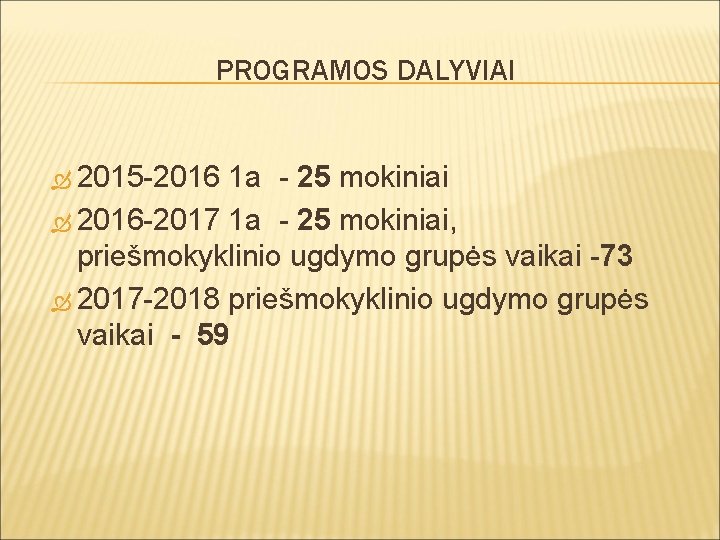 PROGRAMOS DALYVIAI 2015 -2016 1 a - 25 mokiniai 2016 -2017 1 a -