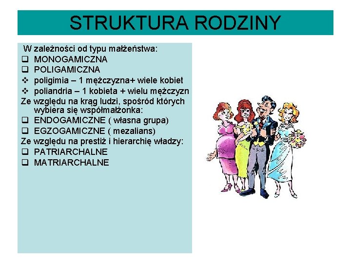 STRUKTURA RODZINY W zależności od typu małżeństwa: q MONOGAMICZNA q POLIGAMICZNA v poligimia –