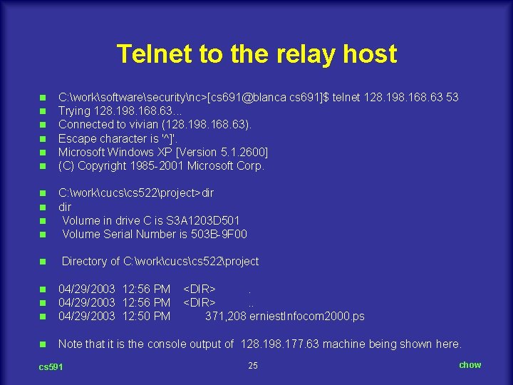 Telnet to the relay host n n n C: worksoftwaresecuritync>[cs 691@blanca cs 691]$ telnet