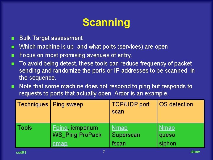 Scanning n n n Bulk Target assessment Which machine is up and what ports