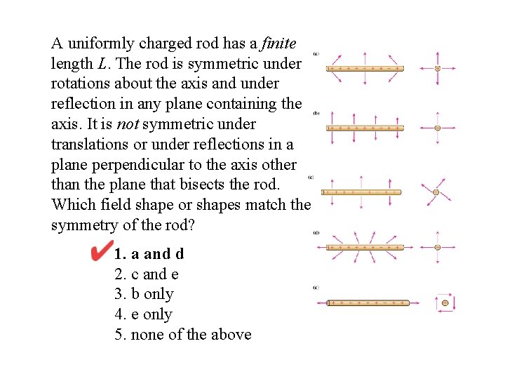 A uniformly charged rod has a finite length L. The rod is symmetric under