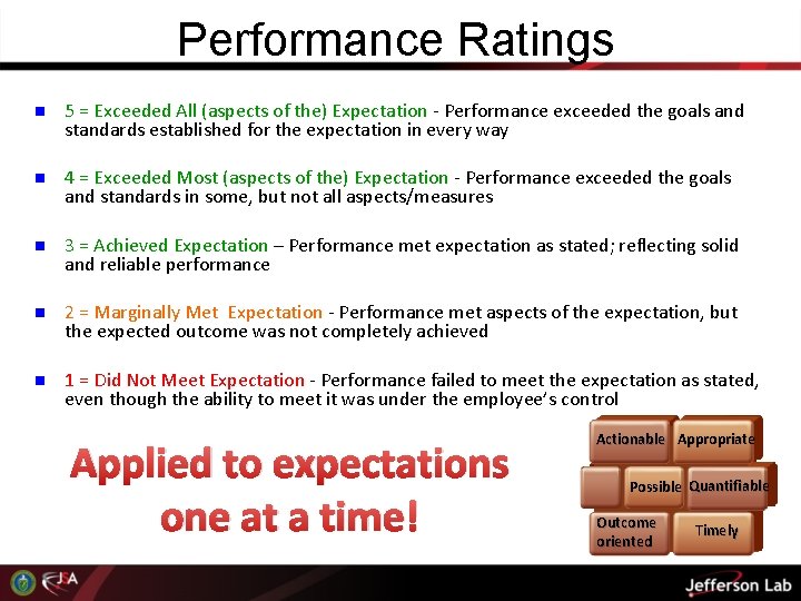 Performance Ratings n 5 = Exceeded All (aspects of the) Expectation - Performance exceeded Performance Ratings n 5 = Exceeded All (aspects of the) Expectation - Performance exceeded