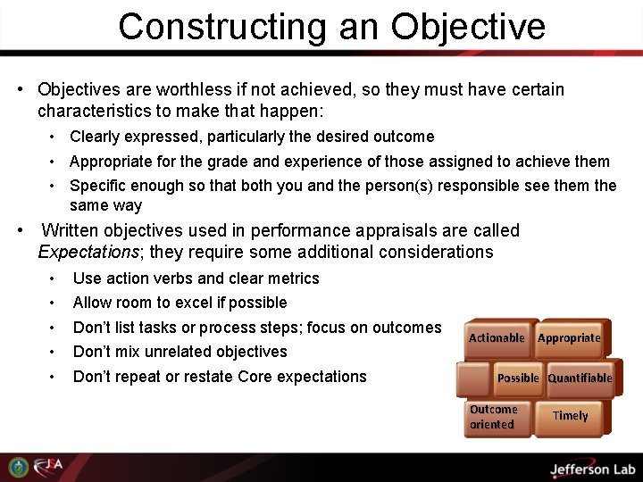 Constructing an Objective • Objectives are worthless if not achieved, so they must have Constructing an Objective • Objectives are worthless if not achieved, so they must have