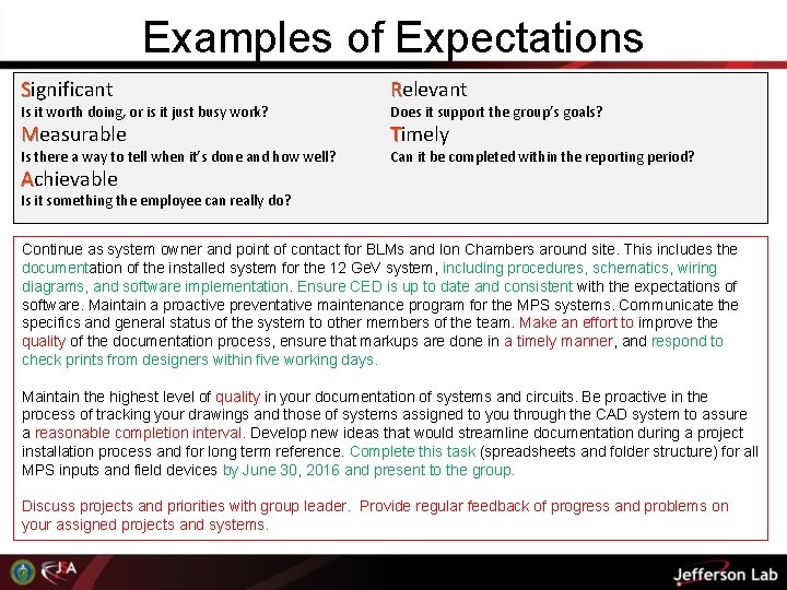 Examples of Expectations Significant Relevant Measurable Timely Is it worth doing, or is it Examples of Expectations Significant Relevant Measurable Timely Is it worth doing, or is it