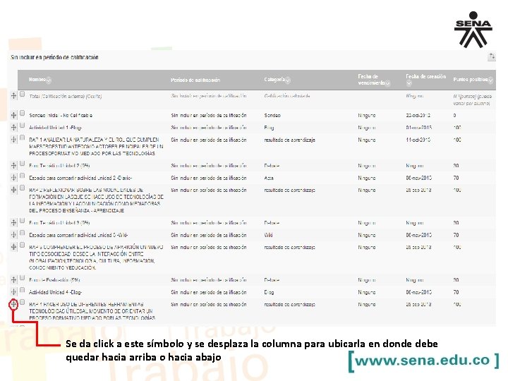 Se da click a este símbolo y se desplaza la columna para ubicarla en