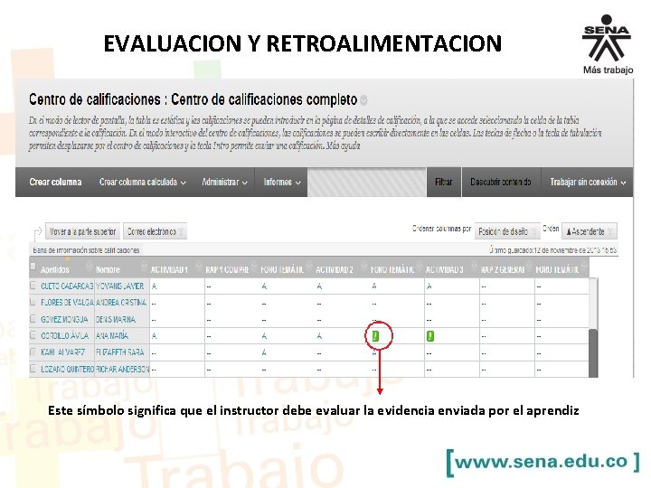 EVALUACION Y RETROALIMENTACION Este símbolo significa que el instructor debe evaluar la evidencia enviada