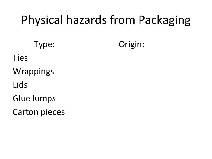 Physical hazards from Packaging Type: Ties Wrappings Lids Glue lumps Carton pieces Origin: Physical hazards from Packaging Type: Ties Wrappings Lids Glue lumps Carton pieces Origin: