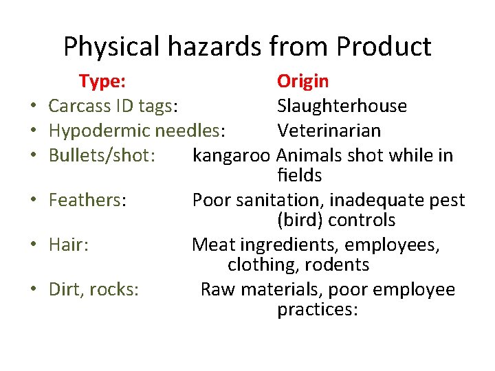 Physical hazards from Product • • • Type: Origin Carcass ID tags: Slaughterhouse Hypodermic Physical hazards from Product • • • Type: Origin Carcass ID tags: Slaughterhouse Hypodermic