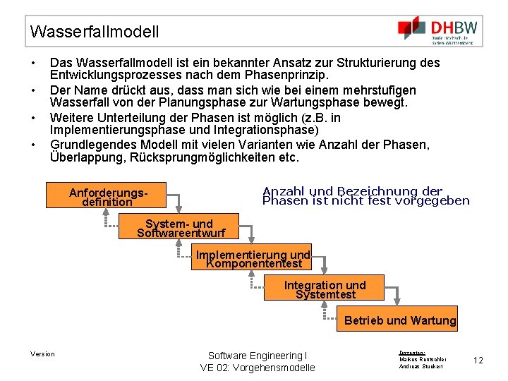 Wasserfallmodell • • Das Wasserfallmodell ist ein bekannter Ansatz zur Strukturierung des Entwicklungsprozesses nach