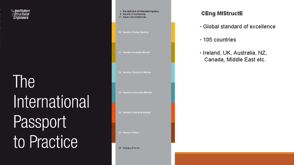CEng MIStruct. E • Global standard of excellence • 105 countries • Ireland, UK,