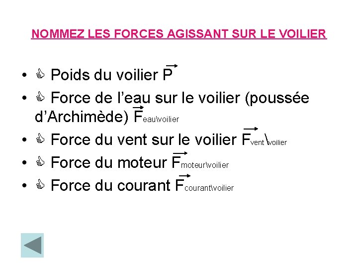 NOMMEZ LES FORCES AGISSANT SUR LE VOILIER • Poids du voilier P • Force