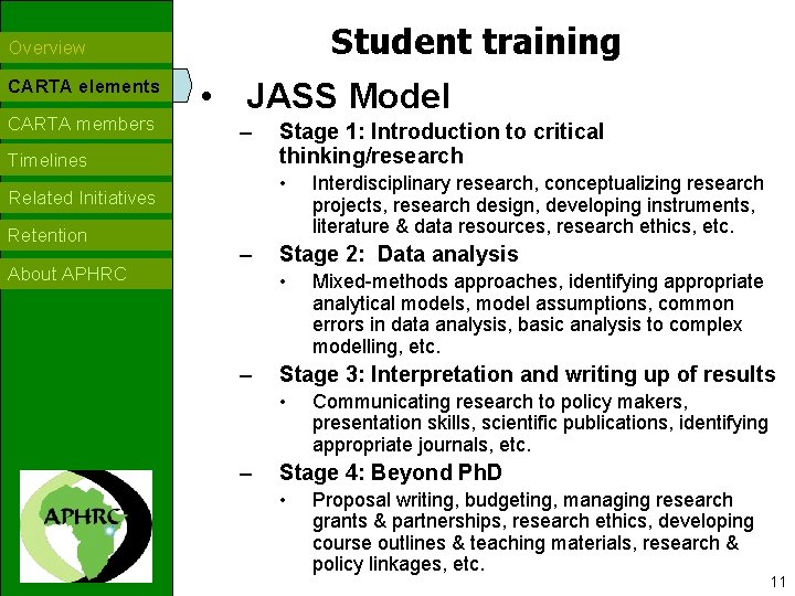 Student training Overview CARTA elements CARTA members • JASS Model – Timelines • Related