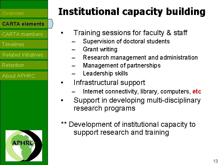 Overview Institutional capacity building CARTA elements CARTA members • – – – Timelines Related