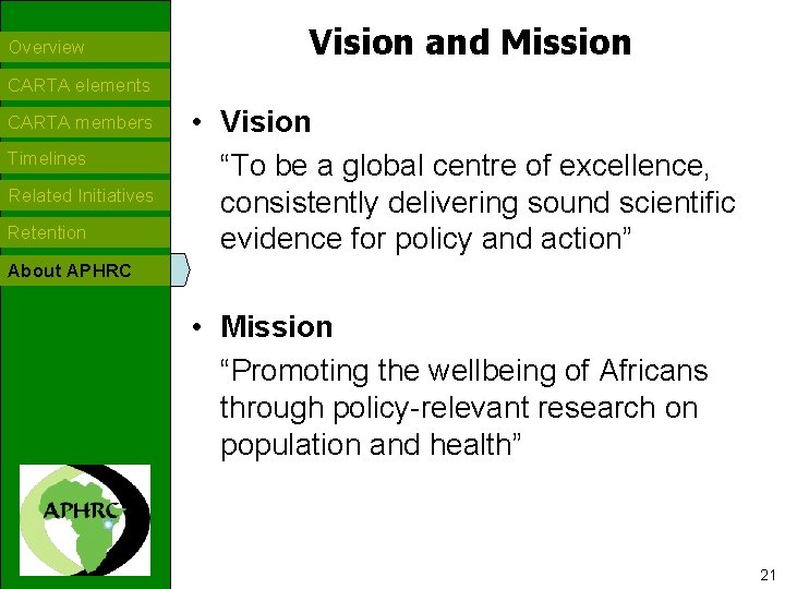 Overview Vision and Mission CARTA elements CARTA members Timelines Related Initiatives Retention • Vision