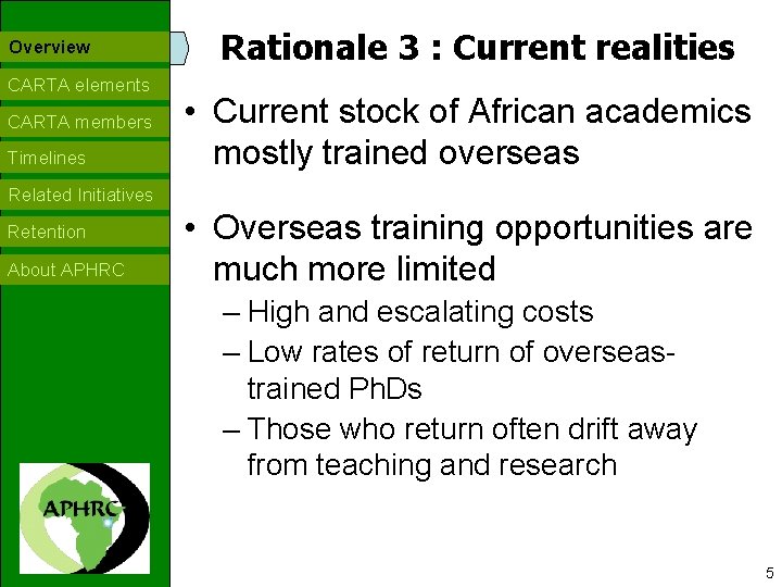 Overview CARTA elements CARTA members Timelines Rationale 3 : Current realities • Current stock