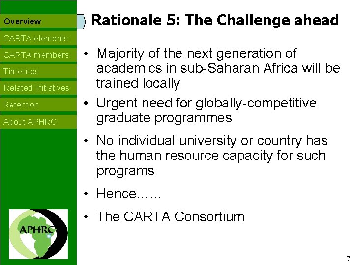 Overview Rationale 5: The Challenge ahead CARTA elements CARTA members Timelines Related Initiatives Retention