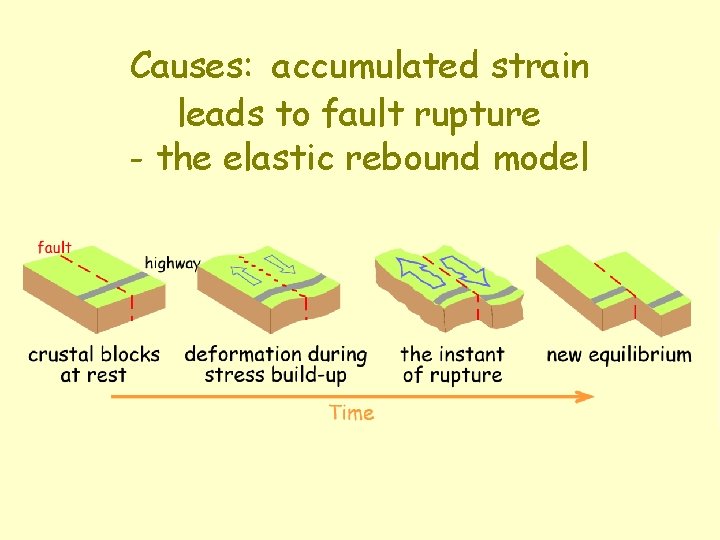 Causes: accumulated strain leads to fault rupture - the elastic rebound model 