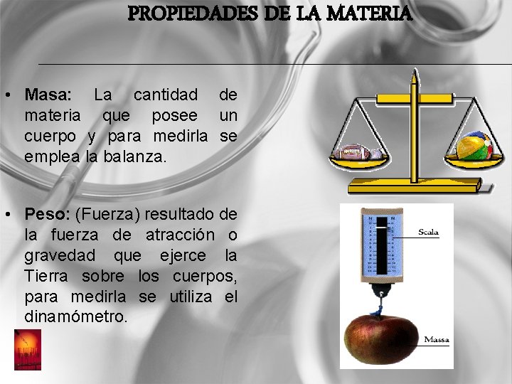 PROPIEDADES DE LA MATERIA • Masa: La cantidad de materia que posee un cuerpo