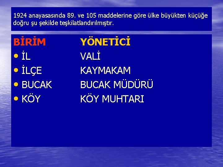 1924 anayasasında 89. ve 105 maddelerine göre ülke büyükten küçüğe doğru şu şekilde teşkilatlandırılmıştır.