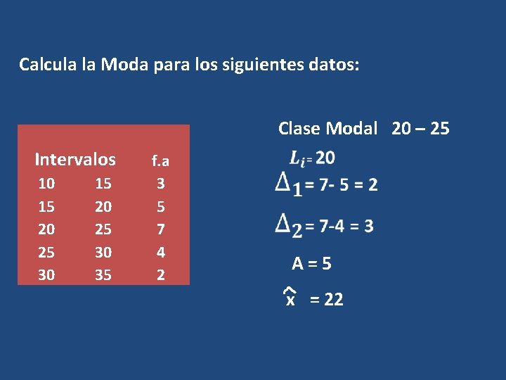 Calcula la Moda para los siguientes datos: Clase Modal 20 – 25 Intervalos 10