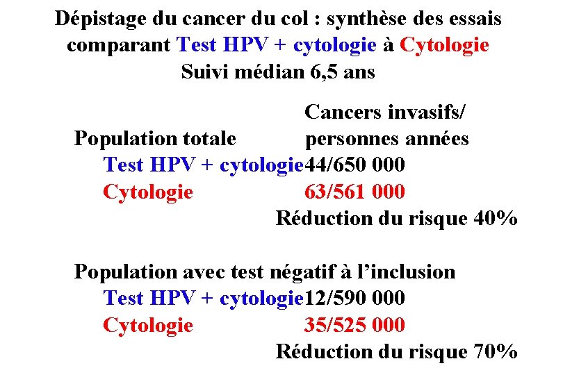 Dépistage du cancer du col : synthèse des essais comparant Test HPV + cytologie