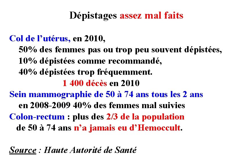 Dépistages assez mal faits Col de l’utérus, en 2010, 50% des femmes pas ou