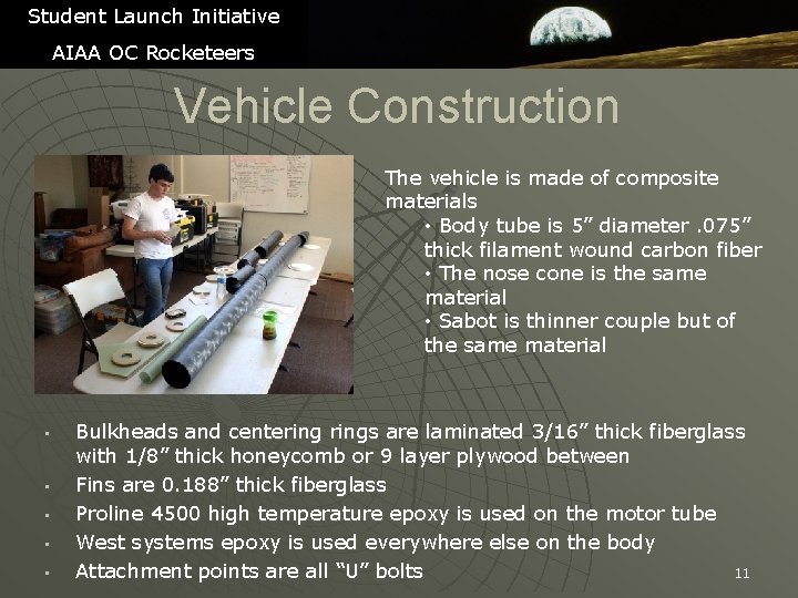 Student Launch Initiative AIAA OC Rocketeers Vehicle Construction The vehicle is made of composite